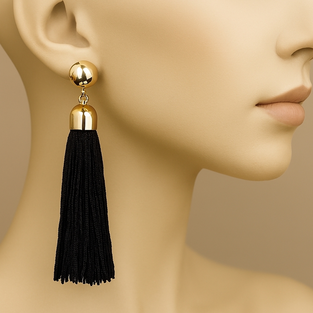 Black Tassel Fringe Dangle Earrings – Gold Women’s Statement Fashion Jewelry